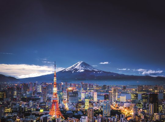 Mt. Fuji and Tokyo skyline View of Mt. Fuji and Tokyo skyline at dusk.