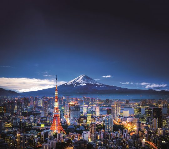 Mt. Fuji and Tokyo skyline View of Mt. Fuji and Tokyo skyline at dusk.